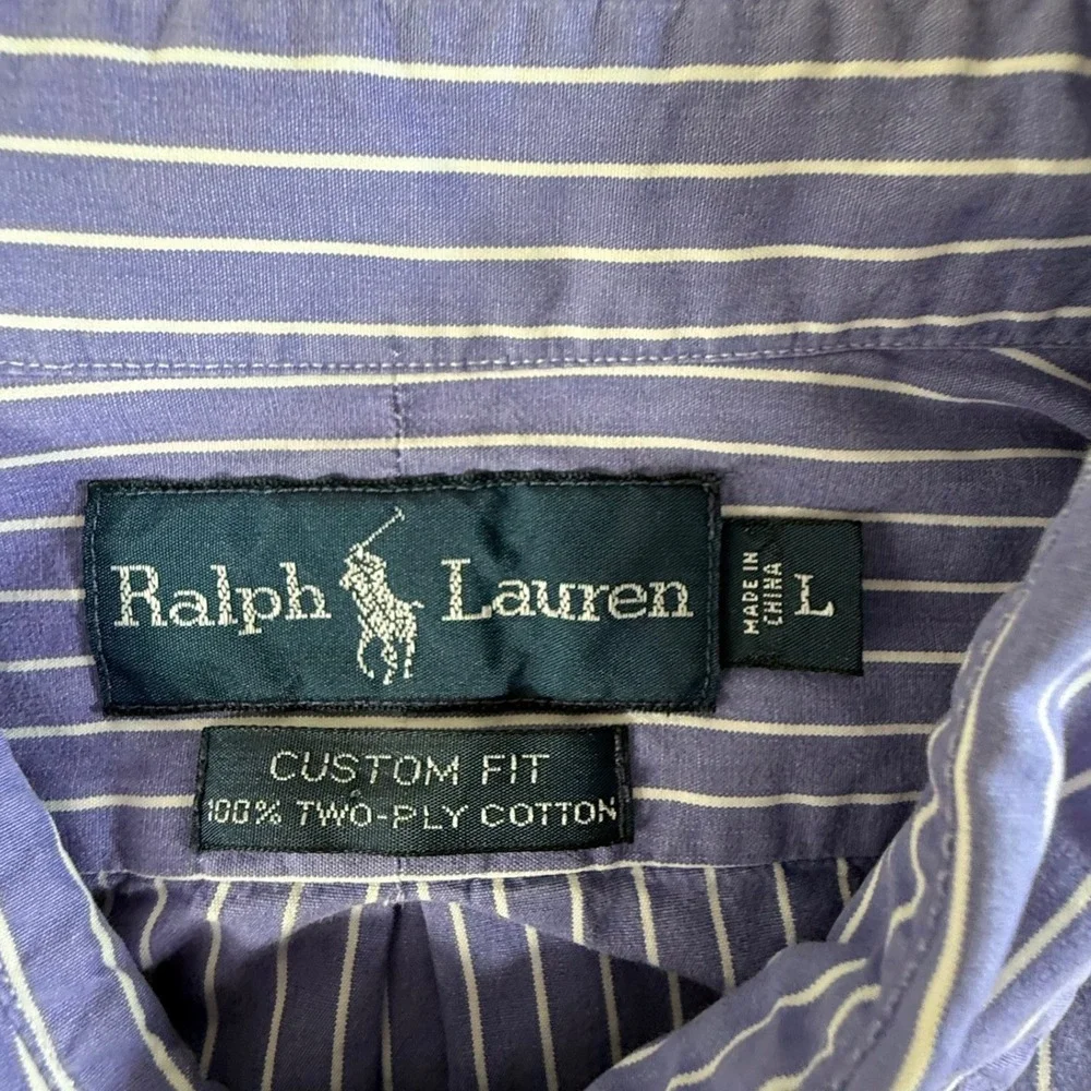Ralph Lauren Button Down Shirt Mens Large Custom Fit Striped Blue Two Ply Cotton